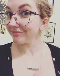 This is my Kajsa Logan Müller @juropp wearing the Pattern Rectangle  necklace in blue/grey confetti and Tail earring with a tiny half circle.  Kajsa is a big part Hippstory's story, 11 years