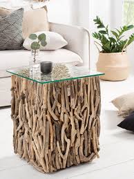 Handgearbeiteter Beistelltisch Fossil 40cm Teakholz Mit Glasplatte