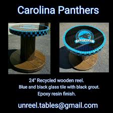 Unreel Tables Gmail Com 24 Wooden Wire Spool With Blue And Black Glass Tile With An Epoxy Resin Finish Carolina Panthers Glass Tile Black Glass Wire Spool