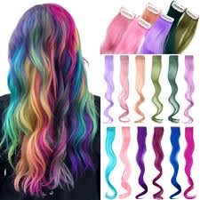 Amazon Com Leterly Colored Clip In Hair Extensions Long Straight Curly Rainbow Color Hair Extensions For Kids Girls Women 12 Pieces Beauty