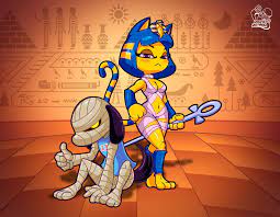 27356 - safe, artist:rozhvector, ankha (animal crossing), lucky (animal  crossing), canine, cat, dog, feline, mammal, anthro, plantigrade anthro,  animal crossing, nintendo, :<, bandages, belly button, commission, digital  art, duo, female, frowning, fur,