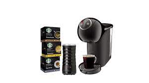 You can make a perfect cup of coffee right at home with this pod coffee maker ; Buy Nescafe Dolce Gusto Starbucks Genios Plus Black Bundle With Frother Harvey Norman Au