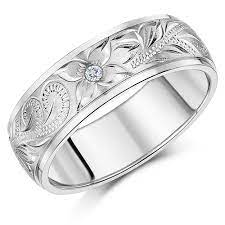 Modern engraved minimal nickel free mens ring. 8mm Hand Engraved Flower Ring Titanium Cz Stone Wedding Band Titanium Rings At Elma Uk Jewellery