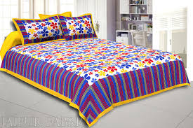 Beaufort blue & yellow striped bedding collection. Multi Color Floral Vertical Stripes Yellow Border Cotton Double Bed Sheet