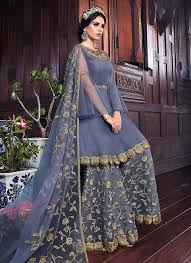Blue Golden Embroidered Pakistani Sharara Suit Hatkay Com Pakistani Fashion Party Wear Indian Gowns Dresses Stylish Dress Designs