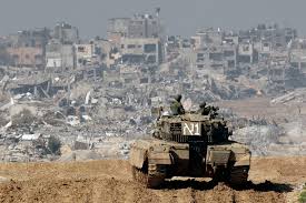 Israeli tank overlooking Gaza ruins