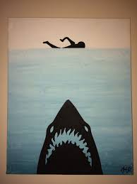 Jaws Painting Ombre Of Blue And White Using Paint And Cutout Of Shark And Human On Black Duct Tape Shark Painting Canvas Painting Surfboard Painting