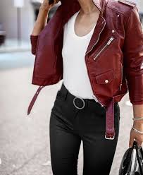 Thechic Fashionista Burgundy Biker Jacket Red Leather Jacket Outfit Leather Jacket Outfits Jacket Outfits
