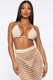 Summer Beach Babe Crochet 2 Piece Cover Up Set Beige Beach Babe Cover Up Black Girl Fashion