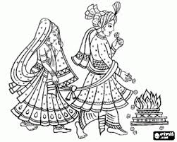 The Bride And Groom At The Wedding Or Marriage Following The Hindu Tradition Coloring Page Wedding Drawing Wedding Symbols Indian Art Paintings