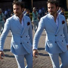Suits & suit separates └ men's clothing └ men └ clothing, shoes & accessories all categories antiques art automotive baby books business & industrial cameras & photo cell phones & accessories clothing, shoes & accessories coins & paper money collectibles computers/tablets. Light Blue Mens Suits Double Breasted Groom Tuxedos Linen Wedding Suits Blazer Ebay