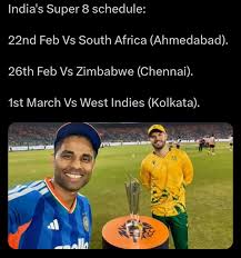 🚨India's Super 8 schedule: 22nd Feb Vs South Africa (Ahmedabad). 26th Feb Vs Zimbabwe (Chennai). 1st March Vs West Indies (Kolkata).