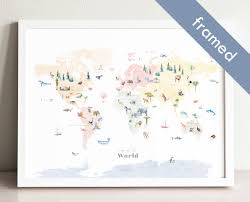 Colorful Animal World Map Framed Wall Art Nursery Decor Etsy World Map Wall Art Kids World Map World Map Art
