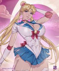arttoru, sailor moon, bishoujo senshi sailor moon, highres, 1girl,  alternate breast size, arm behind head, blonde hair, blue eyes, breasts,  cleavage, covered navel, large breasts, legs, looking at viewer, moon,  parted lips,