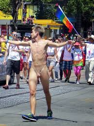 The naked guy walked in the front, led others to parade, and showed his own  pride. nsfw cfnm cmnm men naked nude exposed public publicnaked  publicnude exhib exhibitionist dick ass fun