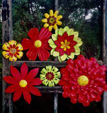 Red Metal Flower Fence Wall Art Hello Summer Set Of 7 Metal Yard Art Barn Patio Garden Pool Wall Decor Indoor Outdoor Flower Fence Metal Flowers Metal Garden Art