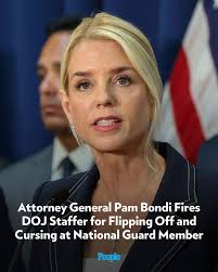 bit.ly/3HNzUPQ Attorney General Pam Bondi fired a Department of Justice  (DOJ) employee for reportedly flipping off and cursing at a member of the  National Guard.