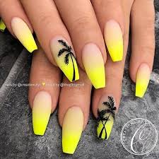 Ombré nails are a great option for when you want to feature multiple colors in your manicure. Matte Neon Yellow Ombre With Palm Trees On Coffin Nails Nail Artist Creationsbyc Follow He Tree Nails Palm Tree Nails Neon Nail Designs