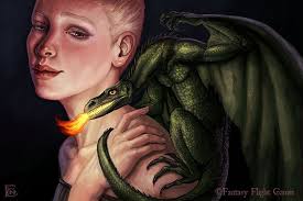 Daenerys Targaryen with her hatchling dragon Rhaegal