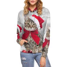 Interestprint Women Hoodies Sweatshirt Christmas Cat Hat