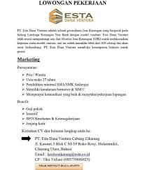 Lowongan Kerja Cikarang Pt Esta Dana Ventura Bagikan Dan Tag Teman Teman Yang Membutuhkan Update Dan Share Info Loker Loker Bks Ckrg Keuangan Gerak Tag