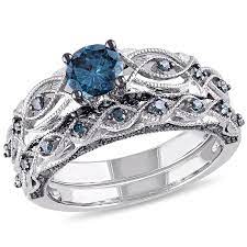 Womens 1 Ct T W Color Enhanced Blue Diamond 10k Gold Bridal Set Blue Diamond Wedding Band Diamond Bridal Ring Sets Diamond Bridal Sets