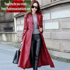Deluxe Red Long Leather Trench Coats For Women Red Trench Coats Windbreaker Cool Looking Women Red Winter Overcoats Trench Coats Women Leather Trench Coat Woman Long Leather Coat