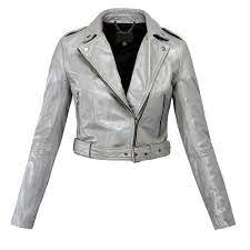 Muubaa Silver Sembri Cropped Biker Jacket 2 950 650 Idr Liked On Polyvore Featuring Outer Colorful Leather Jacket White Cropped Jacket Embellished Jacket
