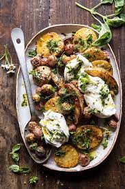 Roasted Mixed Potatoes With Spring Herbs And Burrata Half Baked Harvest Recipe Spring Recipes Recipes Food