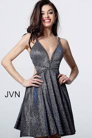 Dark Blue Plunging Neck Pleated Homecoming Dress Jvn Openback Short Cocktail Dress Fit Flare Cocktail Dress Hoco Dresses