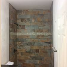 We Installed Slate Tiles With Mosaic Shower Base And Weathered Wood Look Ceramic Tile Floor Bigbearr Ceramic Tile Bathrooms Slate Shower Tile Modern Flooring