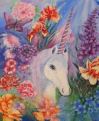Cartoon unicorn with flowers on a blue background vector image on vectorstock. My Unicorn Painting By Beth Harsh