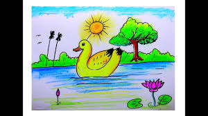 Cartoon Bird Drawing For Kids With Colour How To Draw Kids Scenery With Duck Easily Color Art Lessons Easy Scenery Drawing Drawings