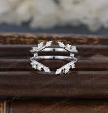 Vintage Double Curved Wedding Band Unique White Gold Open Ring Women  Marquise Diamond Twig Vine Leaf Band Bridal Stacking Band Matching Gift