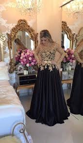 Black And Gold Long Sleeve Prom Dress Long Sleeves Black Satin Prom Dress With Gold Appliques Vestidos Vestido De Baile Longo 15 Vestidos