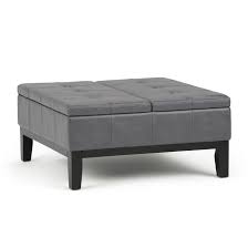 Faux leather square storage ottoman coffee table with wood legs, brown. Simpli Home Dover Faux Leather Coffee Table Ottoman In Stone Gray