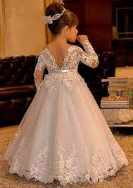 White Lace Flower Girl Dresses Long Sleeves Kids Ball Gowns Long Floor Length Appliques Bow Girls Pageant Dresses Child Wedding Dresses Dress For Girl Dresses G Wedding Dresses For Kids Long