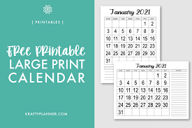 2021 yearly calendar | one page calendar. Large Print 2021 Calendar Free Printable Krafty Planner