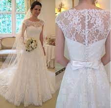 Custom Made Wanda Borges Wedding Dresses Cap Sleeve Illusion Neckline Lace Covered Back Bridal A Line Bridal Gowns Wedding Gowns Lace Ivory Lace Wedding Dress