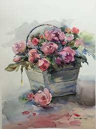 Rose in basket oil painting artists and painters: Basket Of Roses 2015 Watercolour By Jing Chen In 2020 Flower Painting Flower Art Floral Watercolor
