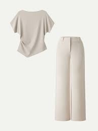 2Pcs Set Boatneck Angled Tee and Mid Rise Wide Leg Trousers