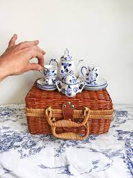 Vintage Childs Mini Tea Set In Basket Teapot Wicker Picnic Basket Dollhouse Dishes Porcelain Chinese Blue White Floral 11 Piece Miniatures Mini Tea Set Tea Set Wicker Picnic Basket