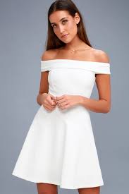 Season Of Fun White Off The Shoulder Skater Dress In 2020 White Lace Skater Dress White Short Dress Little White Dresses