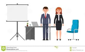 Smart Business Man And Woman Standing Near Office Desk Flip