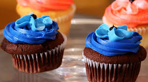 So with our darker blue with this large star tip we're going to pipe starting from the center cover a little over the cupcake and go around in a circle. Buttercream Baby Boy Shower Cupcakes Novocom Top