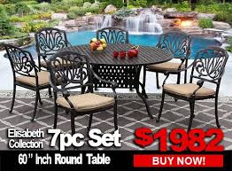Look at the different style dining chairs, all stackable. Patio Furniture Sale Elisabeth 7 Piece Set With 60 Inch Round Table For 6 Person Zenpatio