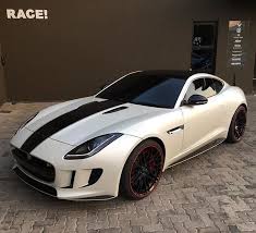 Jaguar F Type R By Race Satin Pearl White 3m Wrap Gloss Black Details White Pin Stripes And Red Rim Stripes A Jaguar F Type Jaguar Coupe Jaguar