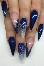 Синий Маникюр Темный с Блестками Омбре, Красивые Идеи Дизайна с Белым и  Черным Гель Лаком, Матовый Френч со Стразами, Ногти с Рисунком