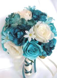 17 Piece Wedding Bouquets Bridal Bouquet Set Wedding Silk Etsy In 2020 Teal Wedding Flowers Bridal Bouquet Sets Wedding Bouquet Packages