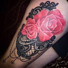 Black And Red Rose Tattoo For Women Black Lace Tattoos With Pearls And Red Rose Lace Tattoo Design Lace Tattoo Black Lace Tattoo